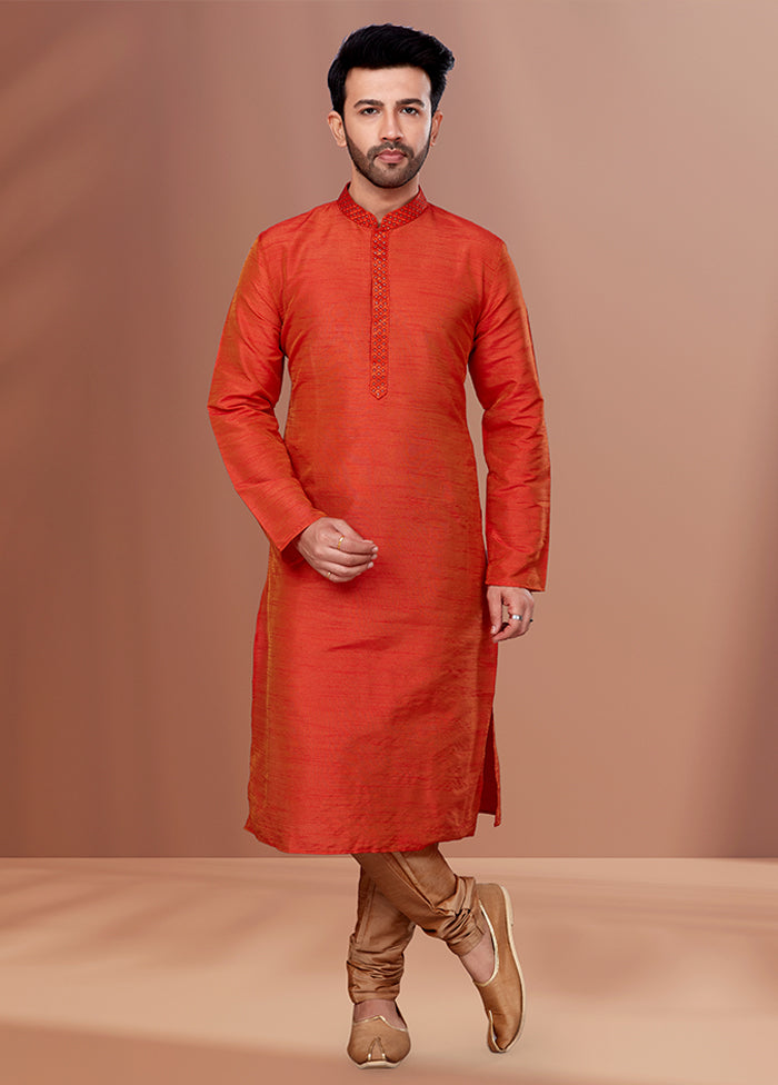 Orange Silk 2 Pc Kurta Pajama Set