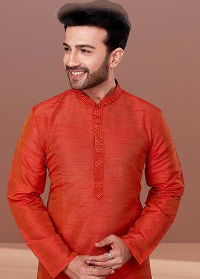 Orange Silk 2 Pc Kurta Pajama Set