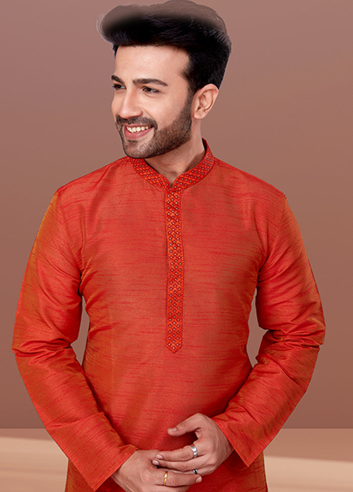 Orange Silk 2 Pc Kurta Pajama Set