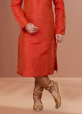 Orange Silk 2 Pc Kurta Pajama Set