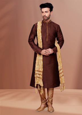 Brown Silk 2 Pc Kurta Pajama Set