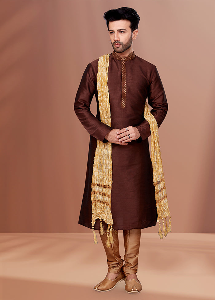 Brown Silk 2 Pc Kurta Pajama Set