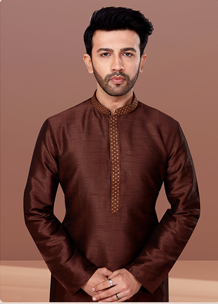 Brown Silk 2 Pc Kurta Pajama Set