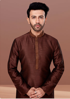 Brown Silk 2 Pc Kurta Pajama Set
