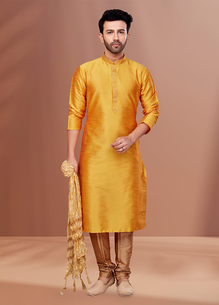 Yellow Silk 2 Pc Kurta Pajama Set