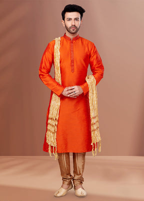 Orange Silk 2 Pc Kurta Pajama Set