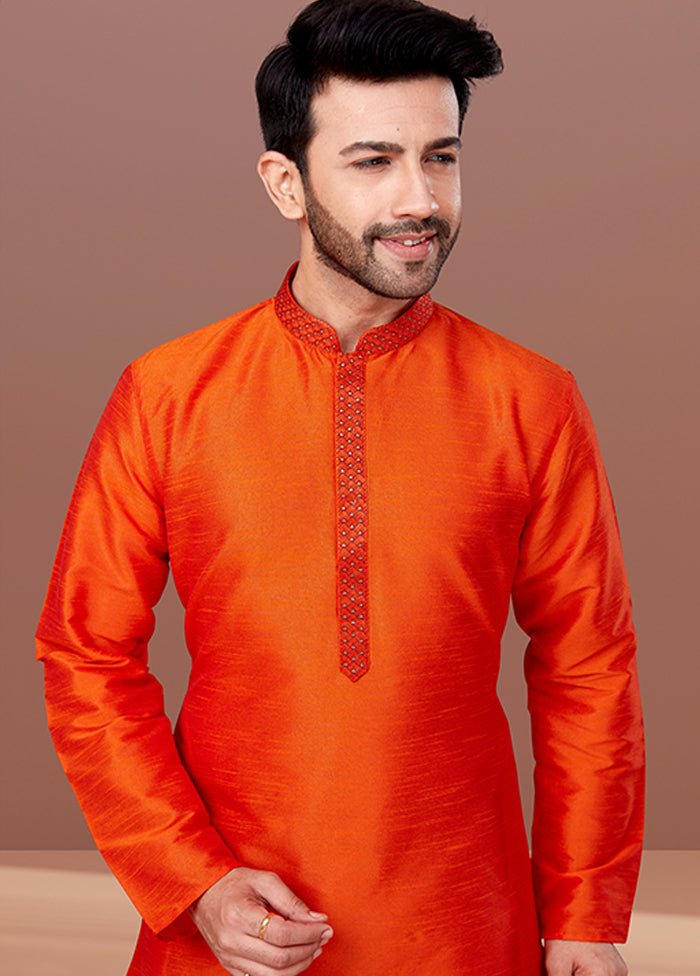Orange Silk 2 Pc Kurta Pajama Set