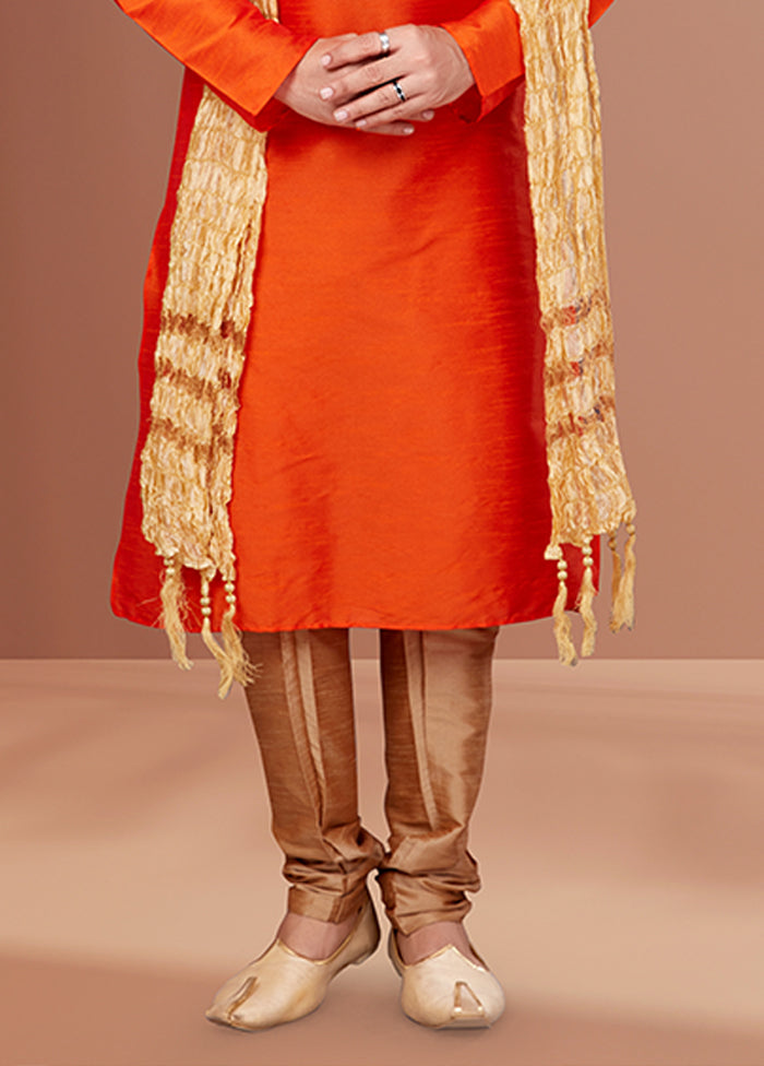 Orange Silk 2 Pc Kurta Pajama Set