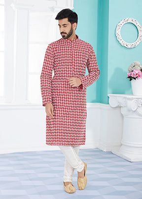 Red Silk 2 Pc Kurta Pajama Set