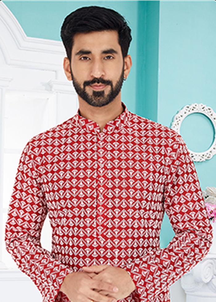 Red Silk 2 Pc Kurta Pajama Set