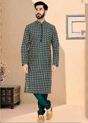 Green Silk 2 Pc Kurta Pajama Set