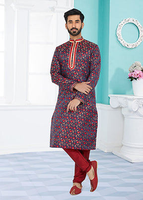 Blue Silk 2 Pc Kurta Pajama Set