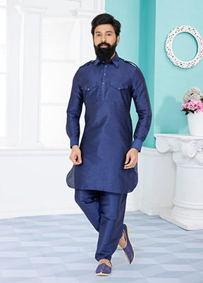 Blue Silk 2 Pc Kurta Pajama-Pathani Set