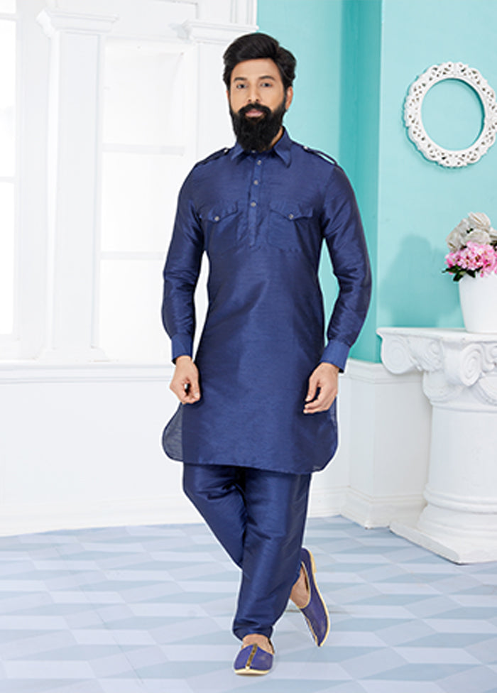 Blue Silk 2 Pc Kurta Pajama-Pathani Set