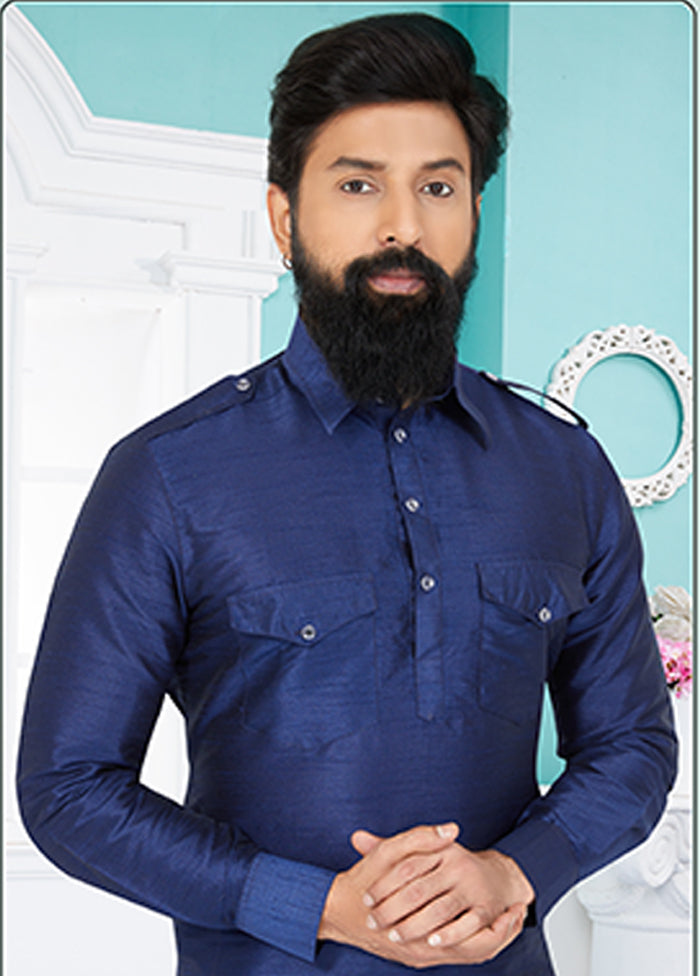 Blue Silk 2 Pc Kurta Pajama-Pathani Set