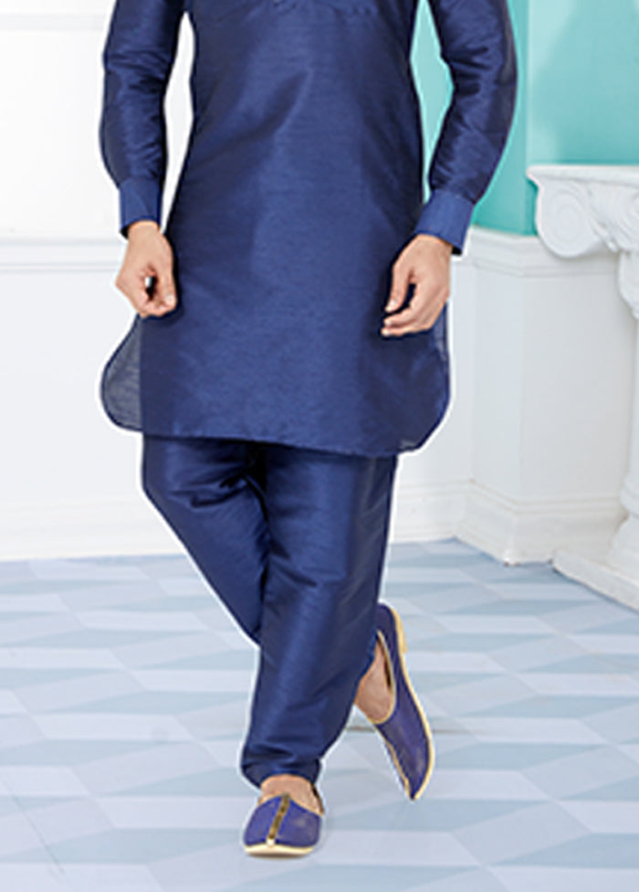 Blue Silk 2 Pc Kurta Pajama-Pathani Set