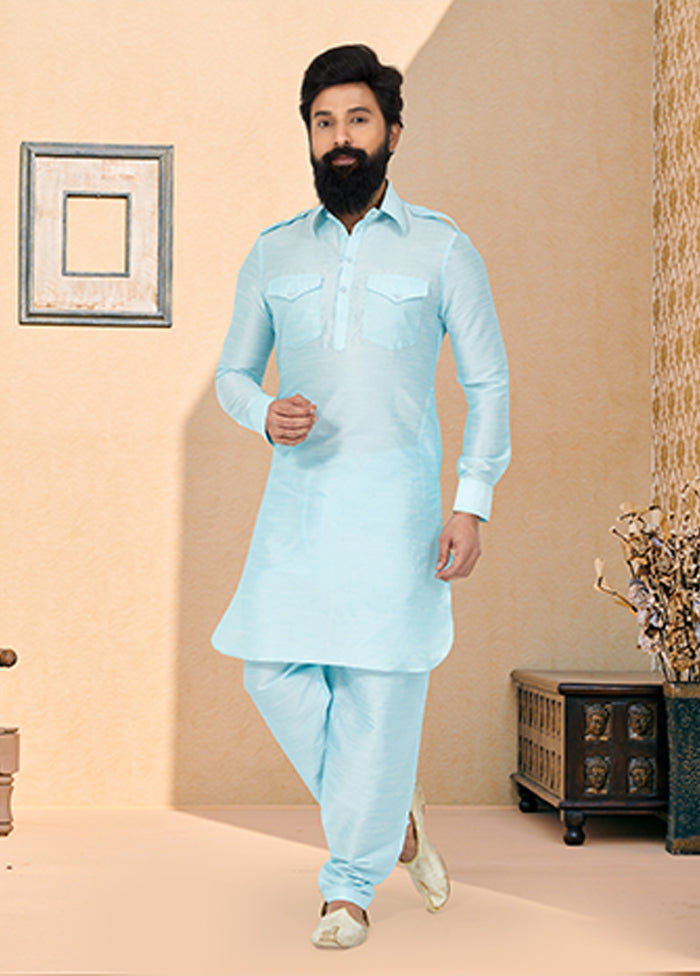 Blue Silk 2 Pc Kurta Pajama-Pathani Set