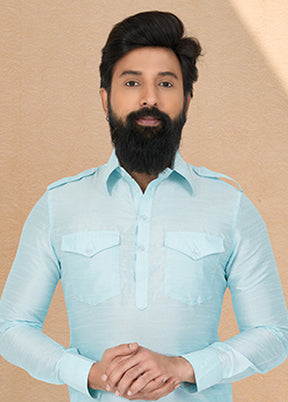 Blue Silk 2 Pc Kurta Pajama-Pathani Set