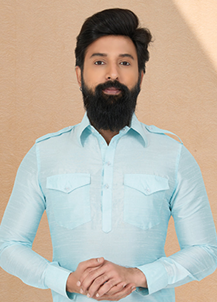 Blue Silk 2 Pc Kurta Pajama-Pathani Set
