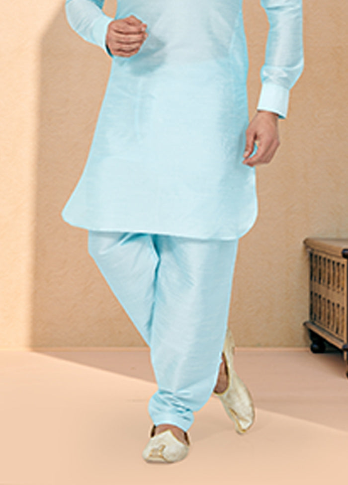 Blue Silk 2 Pc Kurta Pajama-Pathani Set