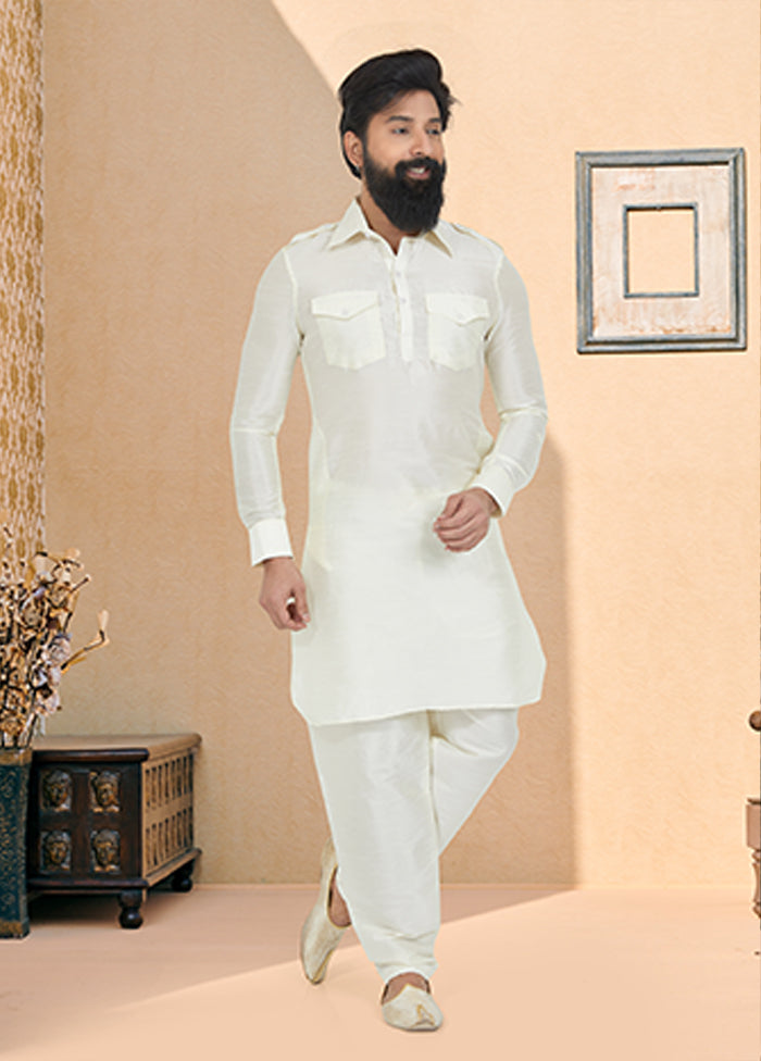 Cream Silk 2 Pc Kurta Pajama-Pathani Set