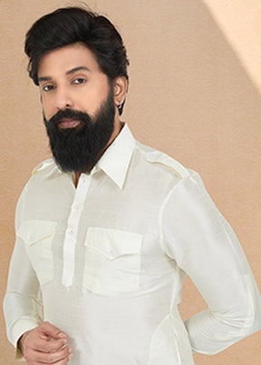 Cream Silk 2 Pc Kurta Pajama-Pathani Set