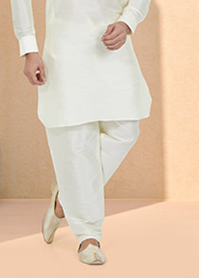 Cream Silk 2 Pc Kurta Pajama-Pathani Set
