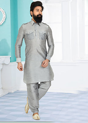 Grey Silk 2 Pc Kurta Pajama-Pathani Set