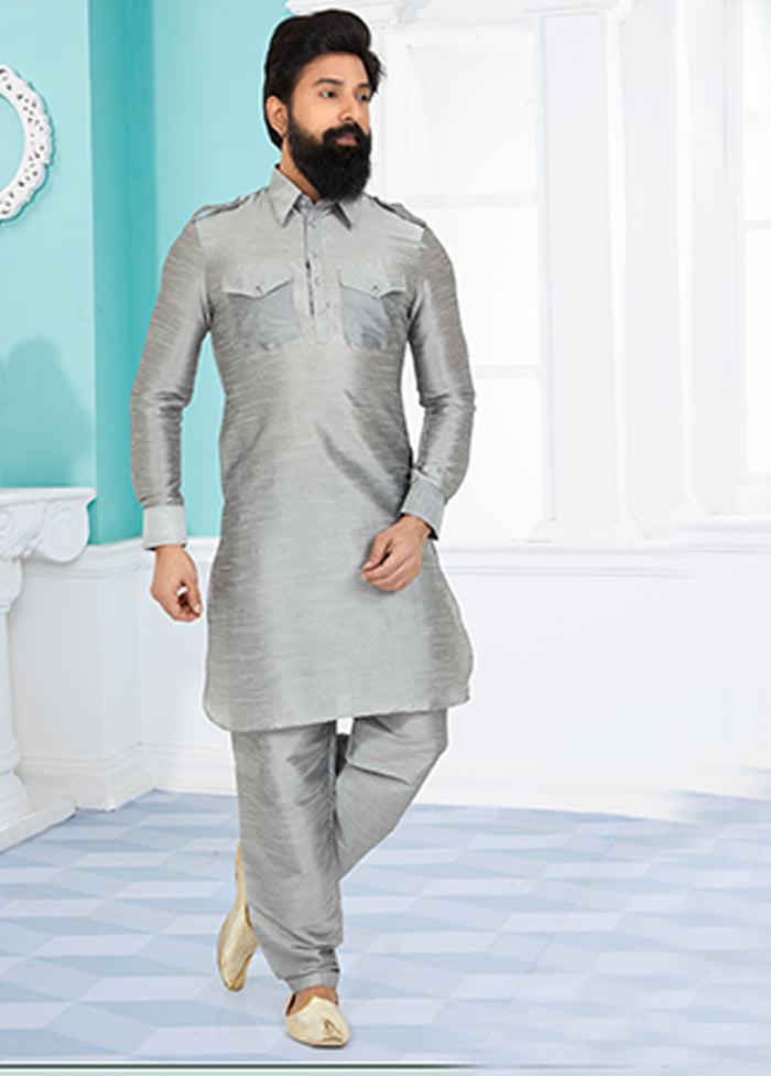 Grey Silk 2 Pc Kurta Pajama-Pathani Set