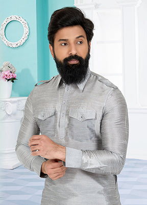Grey Silk 2 Pc Kurta Pajama-Pathani Set