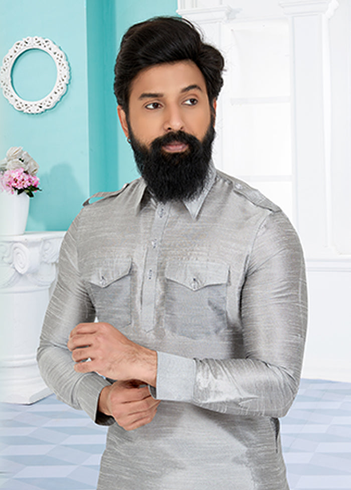 Grey Silk 2 Pc Kurta Pajama-Pathani Set