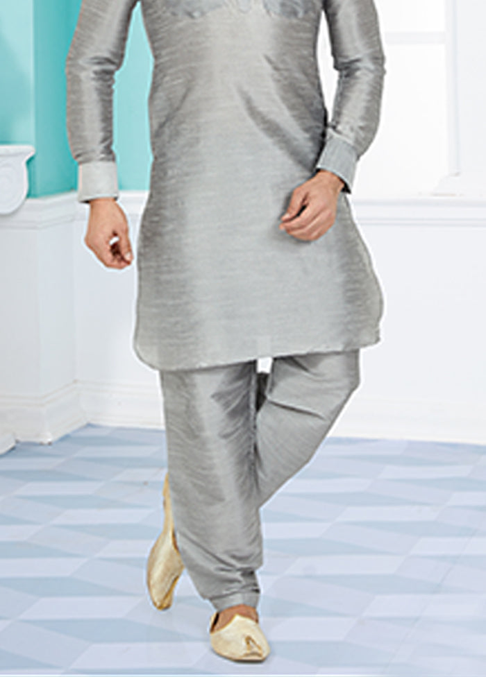 Grey Silk 2 Pc Kurta Pajama-Pathani Set