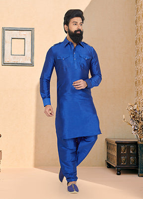 Blue Silk 2 Pc Kurta Pajama-Pathani Set
