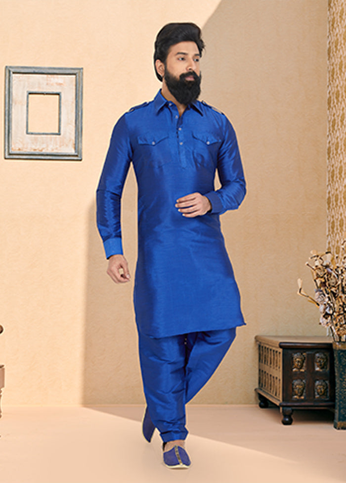 Blue Silk 2 Pc Kurta Pajama-Pathani Set