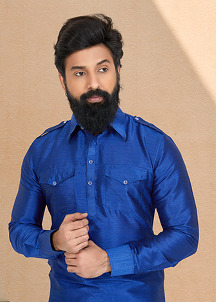 Blue Silk 2 Pc Kurta Pajama-Pathani Set