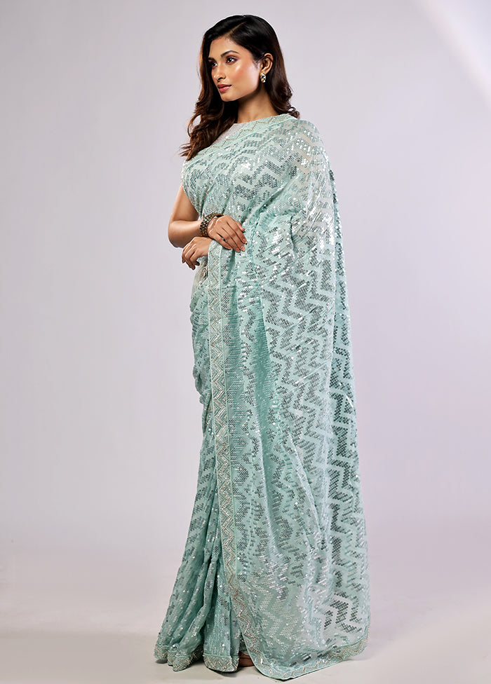 Green Handloom Pure Georgette Saree With Blouse Piece