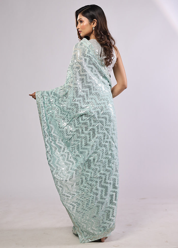Green Handloom Pure Georgette Saree With Blouse Piece