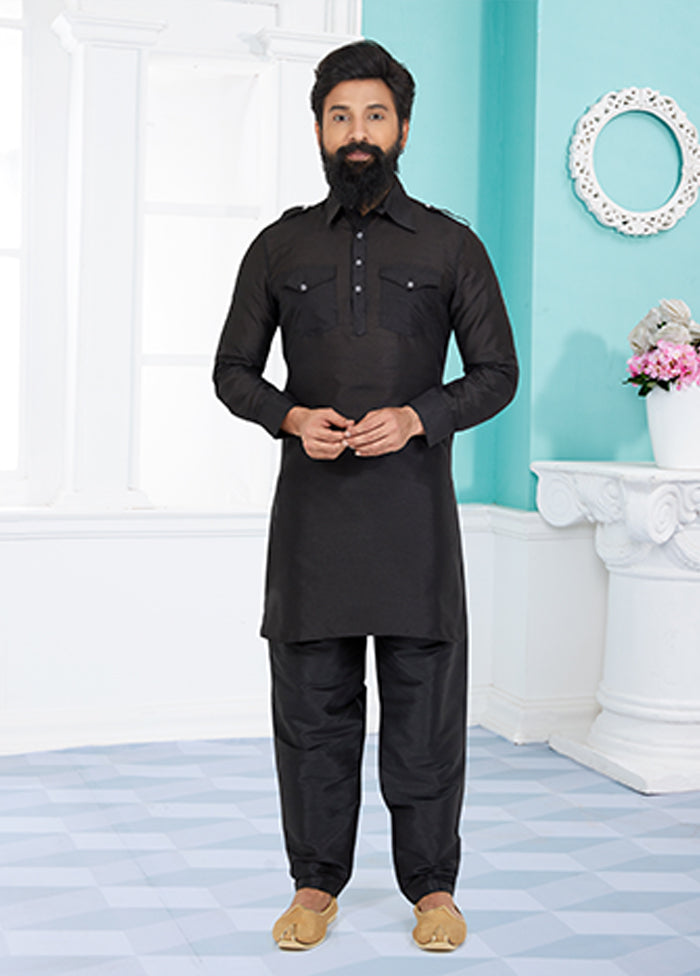 Black Silk 2 Pc Kurta Pajama-Pathani Set