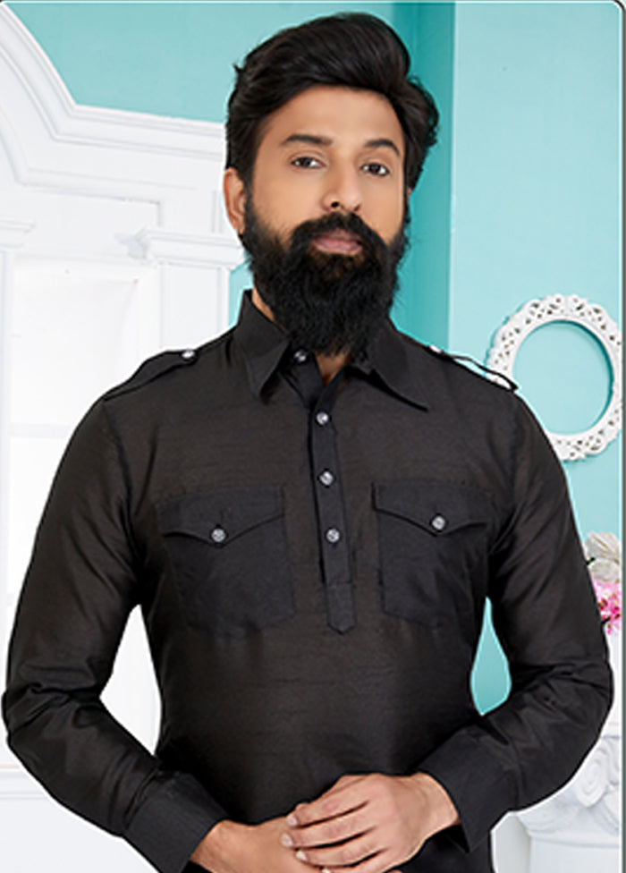 Black Silk 2 Pc Kurta Pajama-Pathani Set