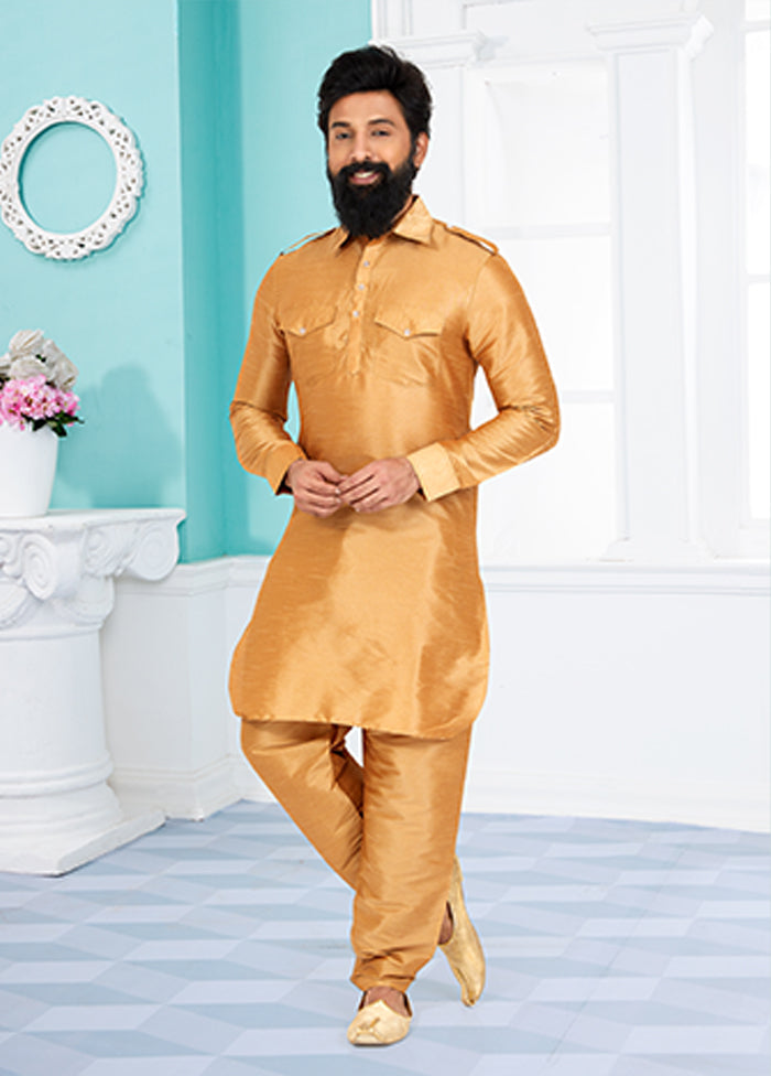 Brown Silk 2 Pc Kurta Pajama-Pathani Set