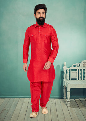 Red Silk 2 Pc Kurta Pajama-Pathani Set
