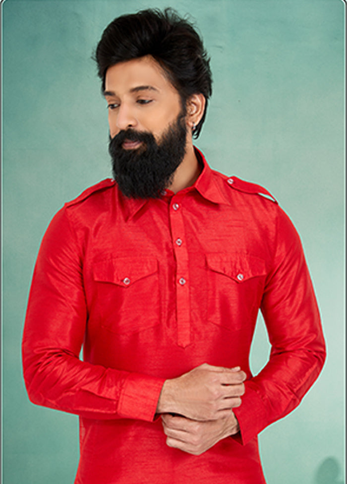Red Silk 2 Pc Kurta Pajama-Pathani Set