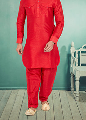 Red Silk 2 Pc Kurta Pajama-Pathani Set