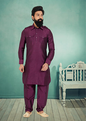 Purple Silk 2 Pc Kurta Pajama-Pathani Set