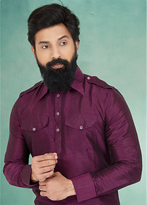 Purple Silk 2 Pc Kurta Pajama-Pathani Set