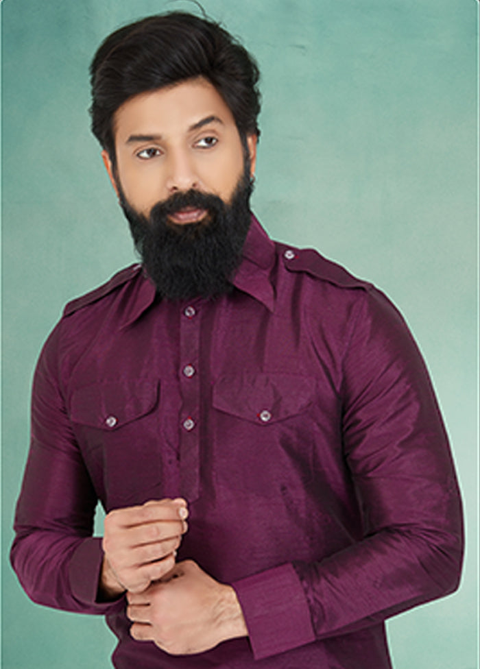 Purple Silk 2 Pc Kurta Pajama-Pathani Set
