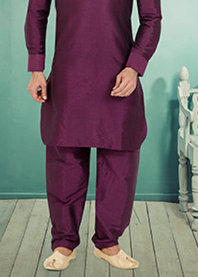 Purple Silk 2 Pc Kurta Pajama-Pathani Set
