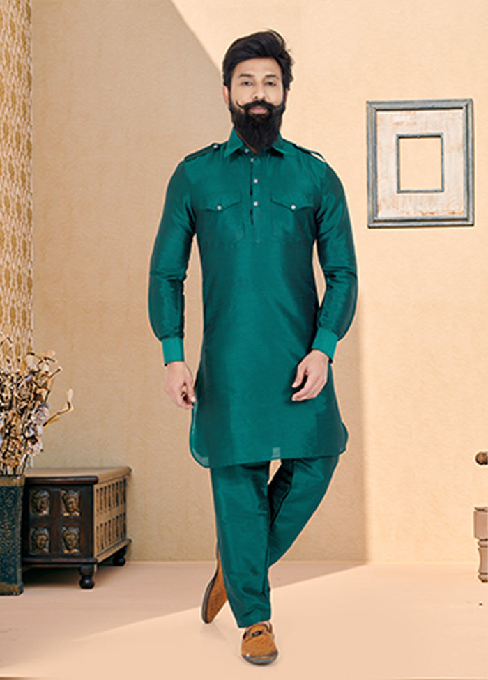 Green Silk 2 Pc Kurta Pajama-Pathani Set