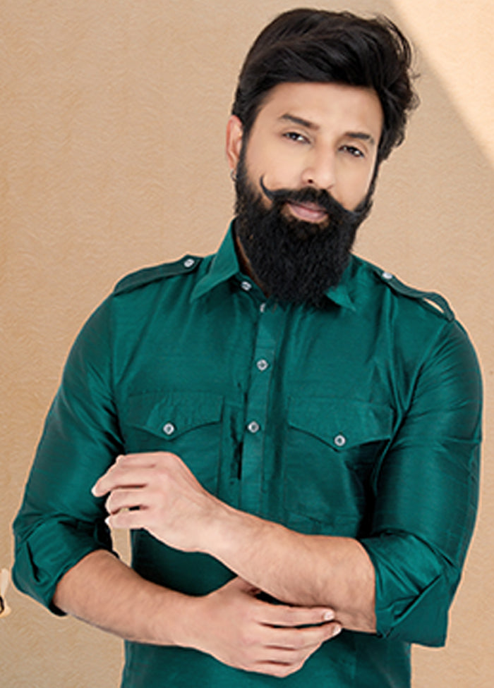 Green Silk 2 Pc Kurta Pajama-Pathani Set