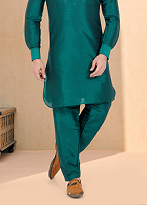 Green Silk 2 Pc Kurta Pajama-Pathani Set